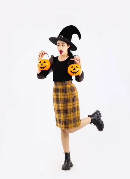 Halloween Thema Mooie Aziatische Meisje Zwarte Lange Mouw Shirt Geel — Stockfoto