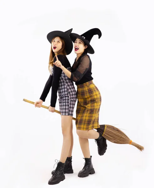 Halloween Concept Young Asian Women Wearing Witch Hat Holding Broom — Stockfoto