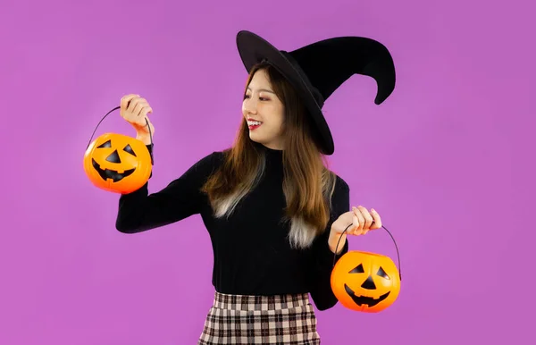 Halloween Young Asian Girl Black Costume Wearing Black Witch Hat — Stock Photo, Image