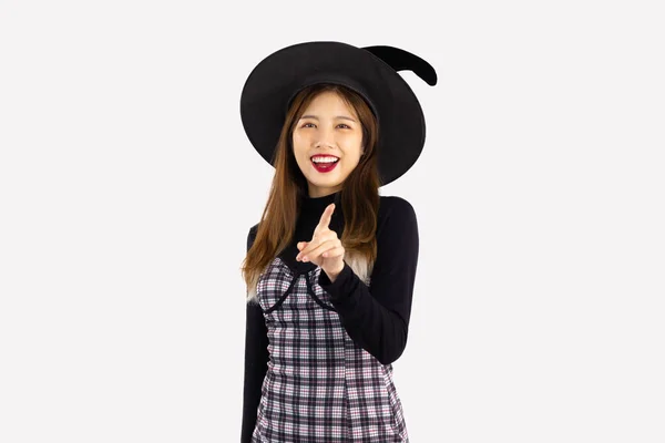 Halloween Thema Jonge Aziatische Vrouw Heks Kostuum Dragen Zwarte Hoed — Stockfoto