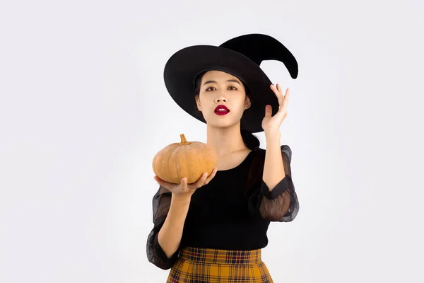 Halloween Eux Jeune Femme Asiatique Costume Sorcière Portant Chapeau Sorcière — Photo