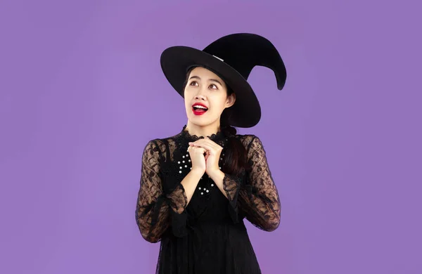Halloween Theme Young Asian Woman Witch Costume Posing Purple Color — Photo