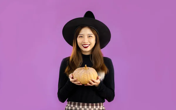 Halloween Thema Jonge Mooie Aziatische Vrouw Zwart Shirt Met Lange — Stockfoto