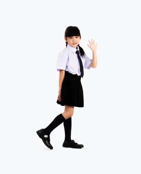 Estudante Escola Asiática Uniforme Britânico Comprimento Total Posando Andando Sobre — Fotografia de Stock