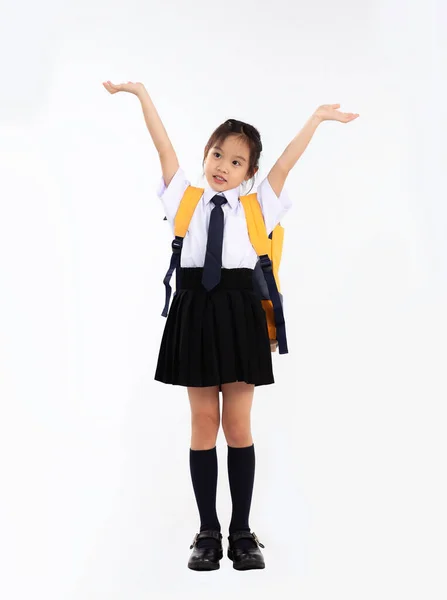 Back School Asian Junior School Student Uniform Posing White Background — Stock Photo, Image