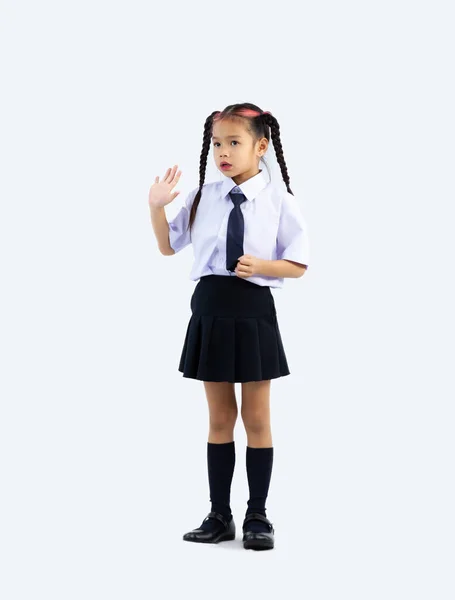 Asian Junior School Girl Student Uniform Standing Full Length White — Stock Photo, Image