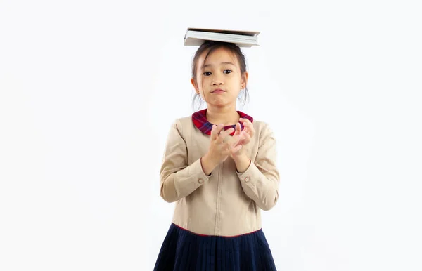 Smart Asian School Girl Turn Book Her Head White Background — Stock fotografie