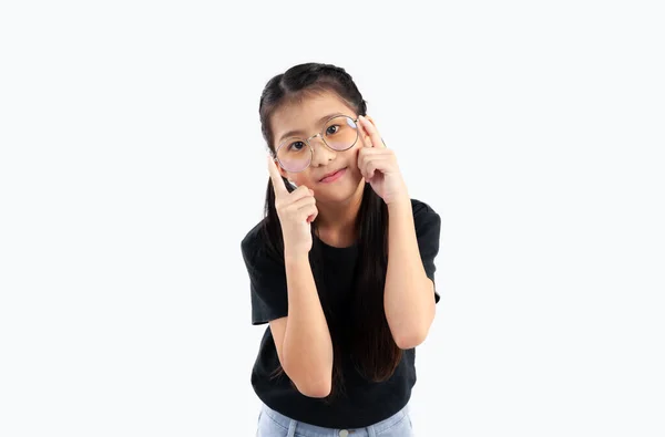 Asian Cute Kid Black Shirt Wearing Eyeglasses Posing White Background — Stock Photo, Image