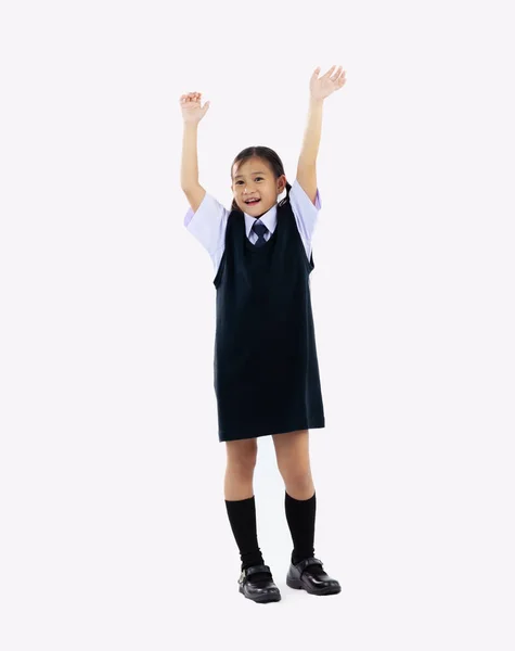 Back School Junior Schoolgirl Student Uniform Posing Happy Hands White — 스톡 사진
