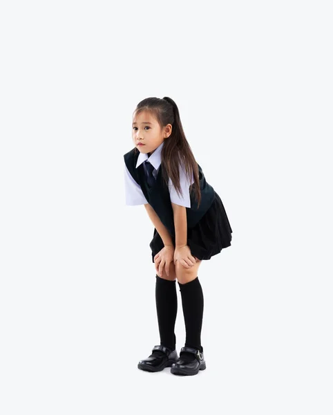 Back School Junior School International Student Uniform Posing Hands Knee — Stock Photo, Image