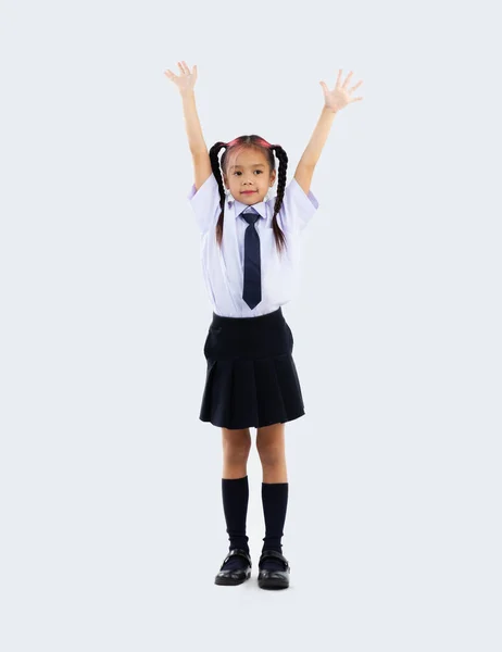 Asian Junior School Girl Student Uniform Standing Full Length Hands — Stock Photo, Image