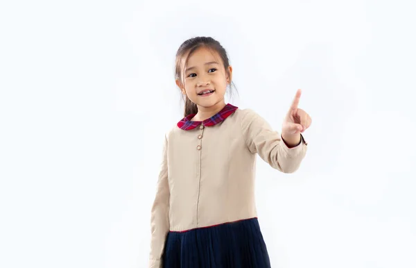 Asian Cute Girl Posing Finger Pointing White Background — Zdjęcie stockowe