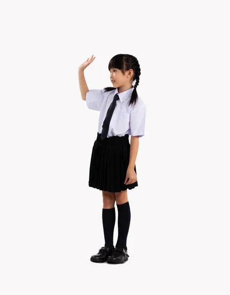 Junior Scuola Ragazza Asiatica Uniforme Studentesca Inglese Piedi Posa Ciao — Foto Stock