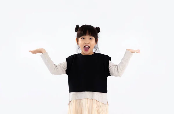 Asian Girl Student Black White Sweatshirt Posing Happy Hands Pointing — Stockfoto