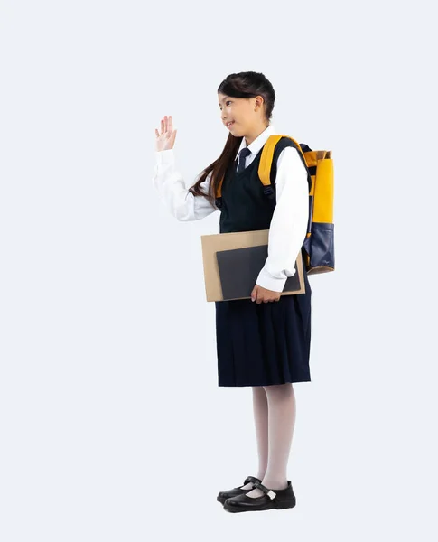 Volta Conceito Escola Junior Menina Escola Uniforme Estudante Britânico Posando — Fotografia de Stock