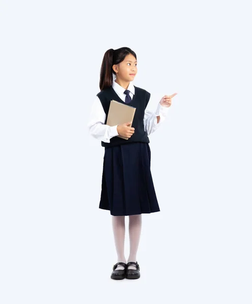 Junior Student Uniform Poserar Vit Bakgrund Med Full Längd Tillbaka — Stockfoto