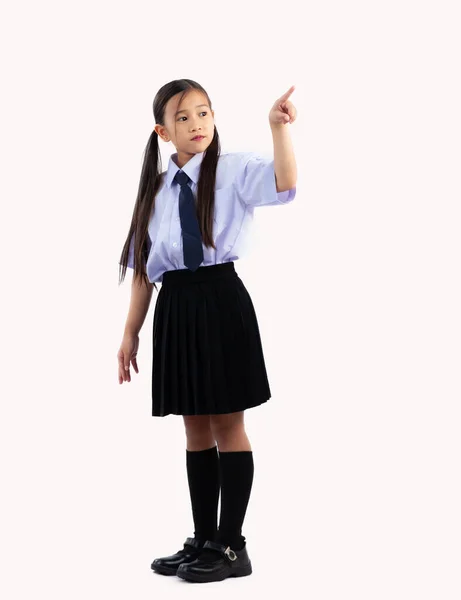 Asian Cute Schoolgirl Long Hair Student Uniform Posing Finger Pointing — Stock Photo, Image