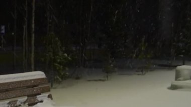 Kış gecesi parkta bir bankta karda bir fenerin ışığında kar yağıyor.