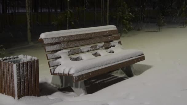 Zimní Noc Parku Lavička Sněhu Světle Lucerny Padá Sníh — Stock video