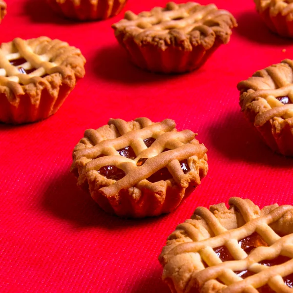 Cookies Red Jam Tablecloth Close Side View Copy Space Pattern — Foto Stock