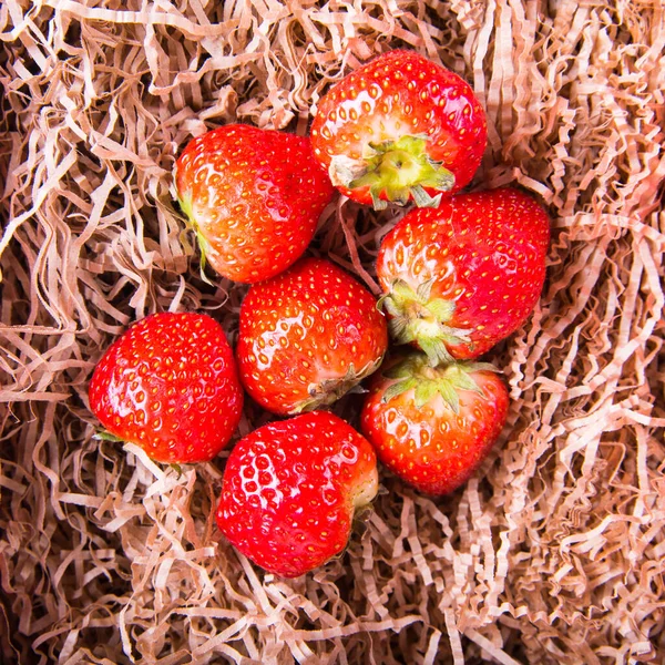 Strawberries Paper Straws Top View Copy Space — Stockfoto
