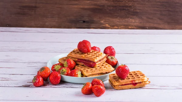Vienna Waffle Muffins Strawberries Jam Plate Side View Copy Space — Fotografie, imagine de stoc