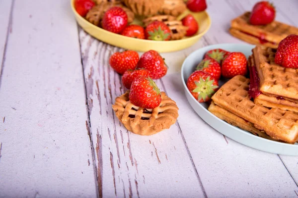 Vienna Waffle Muffins Strawberries Jam Plate Side View Copy Space — Fotografie, imagine de stoc