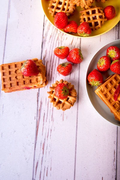 Viennese Waffle Muffins Strawberries Jam Plate Top View Copy Space — Fotografie, imagine de stoc