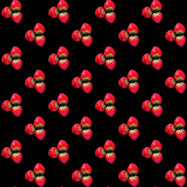 Erdbeeren Einer Linie Ausgelegt Isoliert Auf Schwarzem Hintergrund Netzmuster Muster — Stockfoto