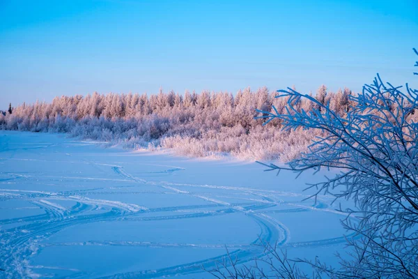 Gefrorener Fluss Winterwald Bei Sonnenuntergang Winterlandschaft — Stockfoto