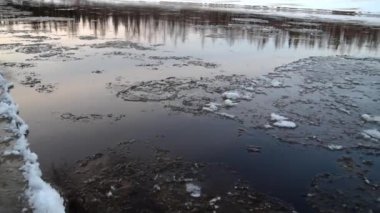 Buz yüzüyor, nehir boyunca ilerliyor, buz sürükleniyor, kış manzarası, ormandaki nehir...