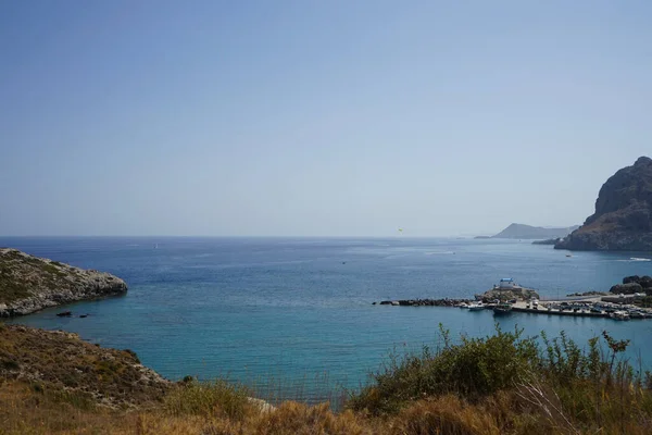 Magnifika Landskap Med Titt Medelhavet Med Flag Hill Kolympia Rhodos — Stockfoto