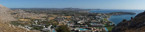 Fotografické Panorama Nádherná Krajina Výhledem Středozemní Moře Architekturou Vesnice Kolympia — Stock fotografie