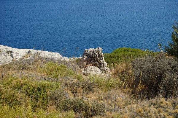 Herrliche Mediterrane Landschaft Mit Trockenheitsresistenter Vegetation Einem Malerischen Erholungsgebiet Flag — Stockfoto