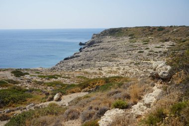 Flag Hill 'de kuraklığa dayanıklı bitki örtüsüyle muhteşem bir Akdeniz manzarası. Kolympia, Rodos, Yunanistan
