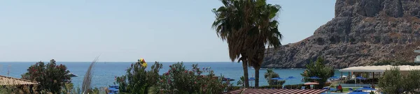 Foto Panorama Van Mediterrane Badplaats Gebied Het Dorp Kolympia Rhodos — Stockfoto