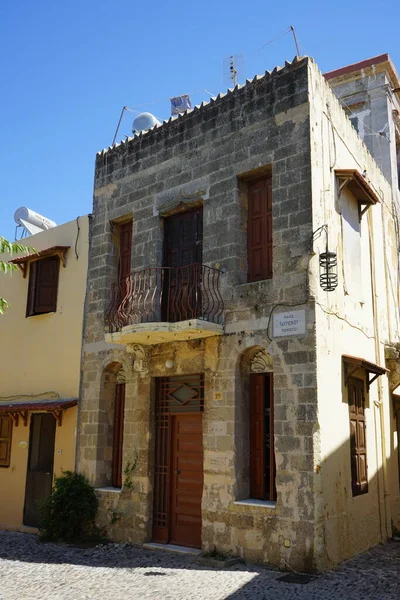 Balkon Het Huis Van Middeleeuwse Stad Rhodos Griekenland — Stockfoto