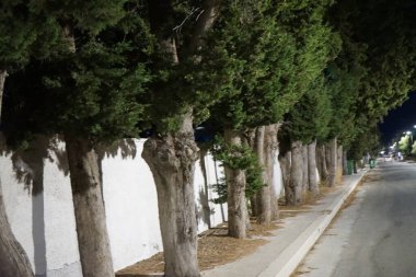 Illuminated roadside alley at night in Kolimpia, Rhodes, Greece 
