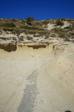Beautiful mountain landscape with drought-resistant vegetation at Theotokos hill in Kolimpia, Rhodes, Greece 