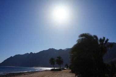 Kızıl Deniz kıyısında dağın arkasında gün batımı. Dahab, Güney Sina Valiliği, Mısır 