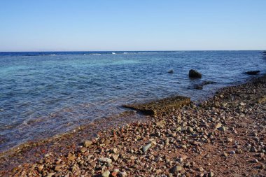 Akabe Körfezi 'ndeki Kızıl Deniz' in sakin kıyı dalgaları. Dahab, Güney Sina Valiliği, Mısır 