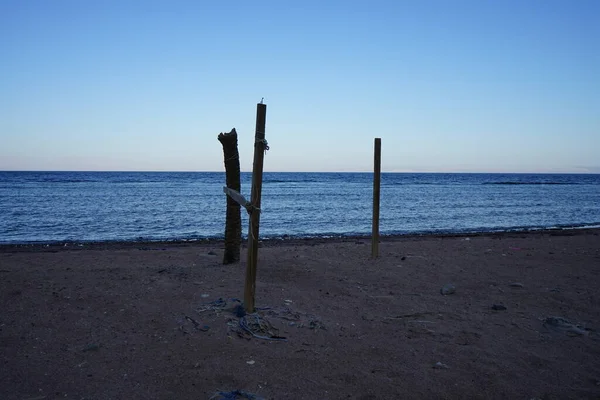 Ξύλινοι Στύλοι Στις Ακτές Της Ερυθράς Θάλασσας Στον Κόλπο Της — Φωτογραφία Αρχείου