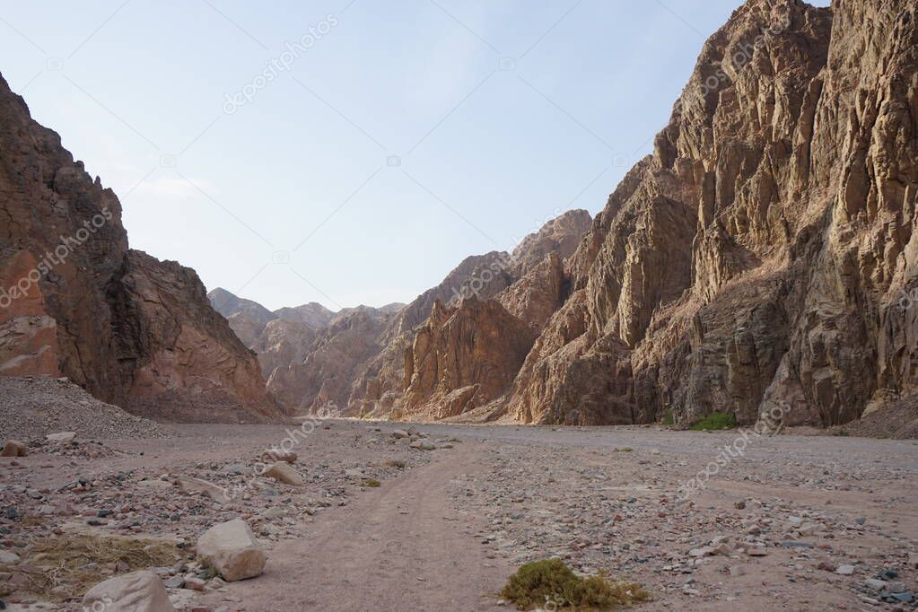 Gorgeous landscape on the tourist route in the vicinity of Malakot Mountain oasis. Dahab, South Sinai Governorate, Egypt    