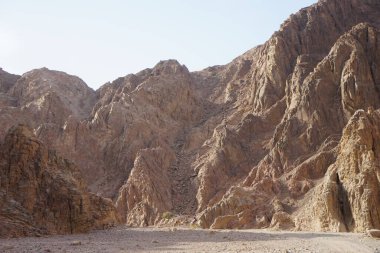 Turistlerle dolu deve kervanı, Malakot Dağı vahası turizm rotası civarındaki yola çıkıyor. Dahab, Güney Sina Valiliği, Mısır