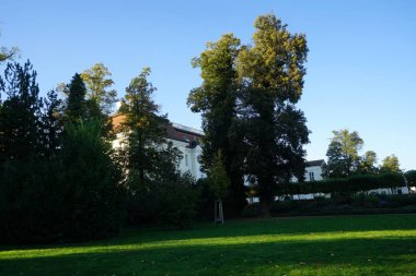 Ekim ayında Koepenick Sarayı 'nın arka planında sonbahar bitkileri olan güzel bir park. Berlin, Almanya  
