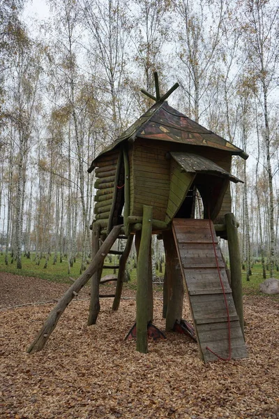 Parque Infantil Forma Casa Uma Bruxa Pernas Frango Bosque Vidoeiro — Fotografia de Stock