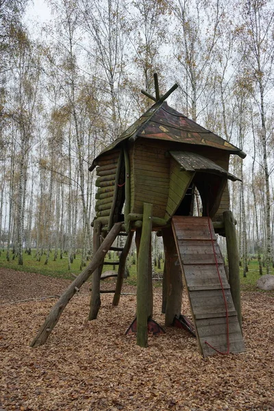 Zona Juegos Forma Casa Brujas Patas Pollo Bosque Abedules Rudow — Foto de Stock