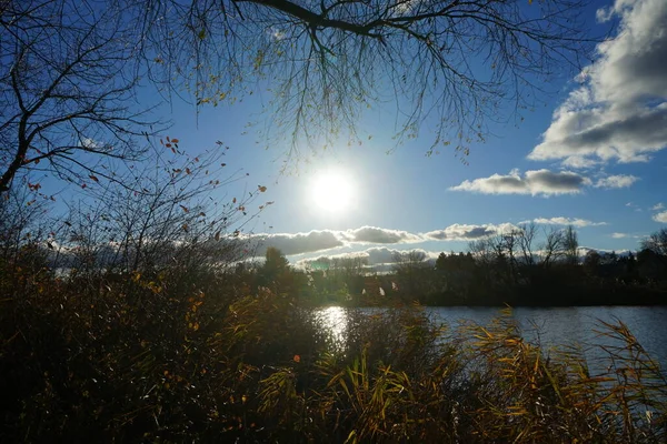 十一月日落在乌什莱湖畔 秋天美丽的风景 德国柏林 — 图库照片