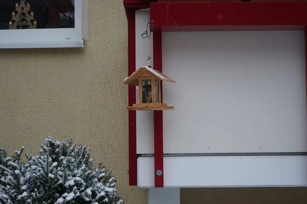 Bird feeder on the balcony in winter. Berlin, Germany