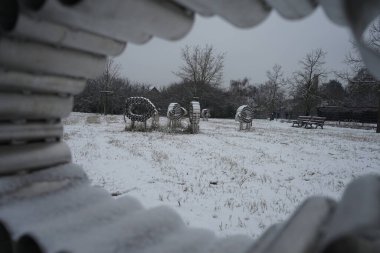 Aralık ayında karlı bir çayırda dekoratif alüminyum koyun. Berlin, Almanya